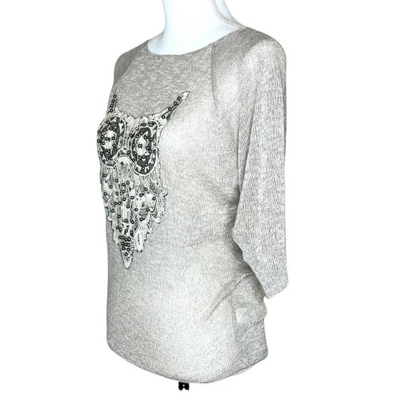 SJS Owl Print Embroidered Sweater 3/4 Wide Sleeves Size Medium Tan - Picture 7 of 9